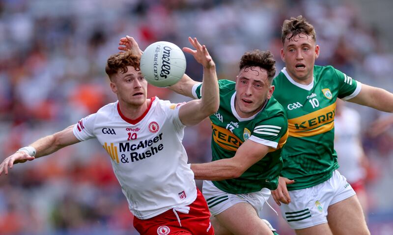 Kerry’s Paudie Clifford and Dara Moynihan compete with Conor Meyler of Tyrone in the SFC quarter-final at Croke Park. Photograph: James Crombie/Inpho