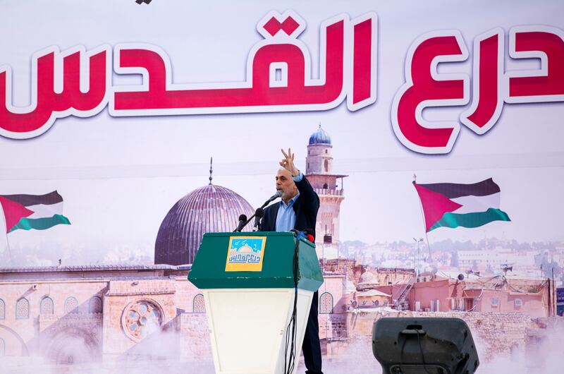 Yahya Sinwar makes a speech at the International Quds Day festival on the last day of Ramadan in Gaza City in April 2023. Photograph: Samar Abu Elouf/The New York Times
                      