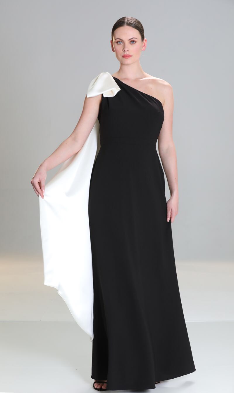 Black and white one shoulder dress with contrast silk bow, €1500, by Charlotte Lucas. Photograph: Sasko Lazarov