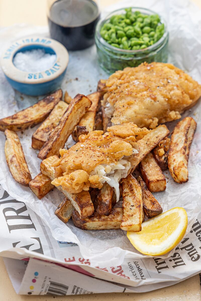 Homemade fish and chips with citrus seasoning and crushed peas
Mark Moriarty. Photograph: Harry Weir Photography