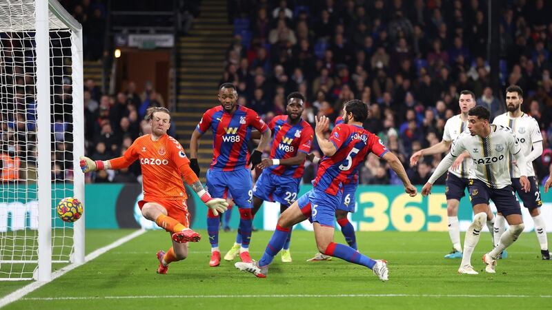 James Tomkins pokes home Crystal Palace’s second against Everton. Photograph: Alex Pantling/Getty