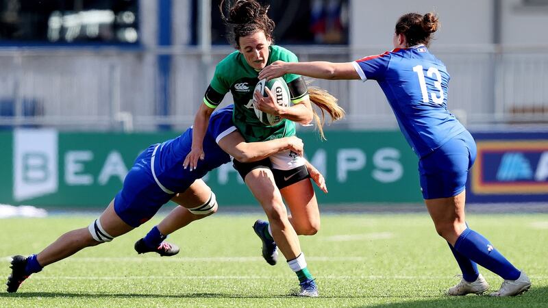 Morgane Peyronnet tackles Hannah Tyrrell. Photo: Bryan Keane/Inpho