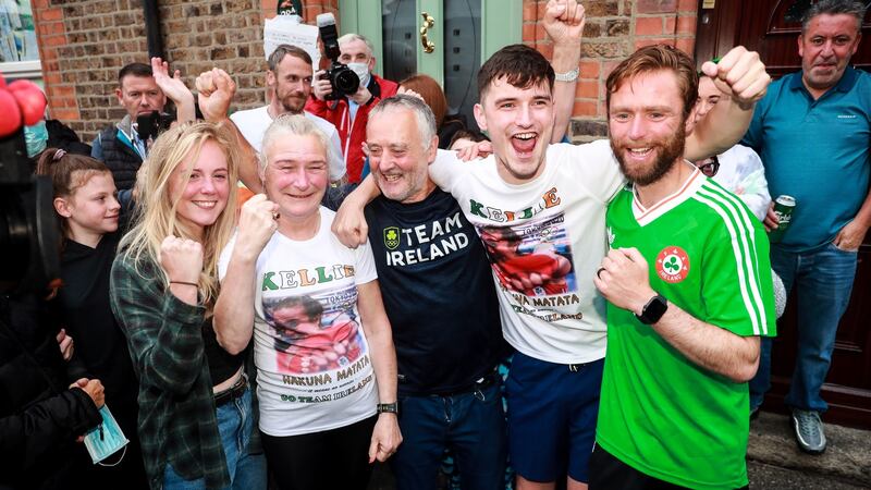 Kellie’s partner Mandy, parnts Yvonne and Christy and brothers Joel and Christopher celebrate outside their family home. Photograph: Tommy Dickson/INPHO