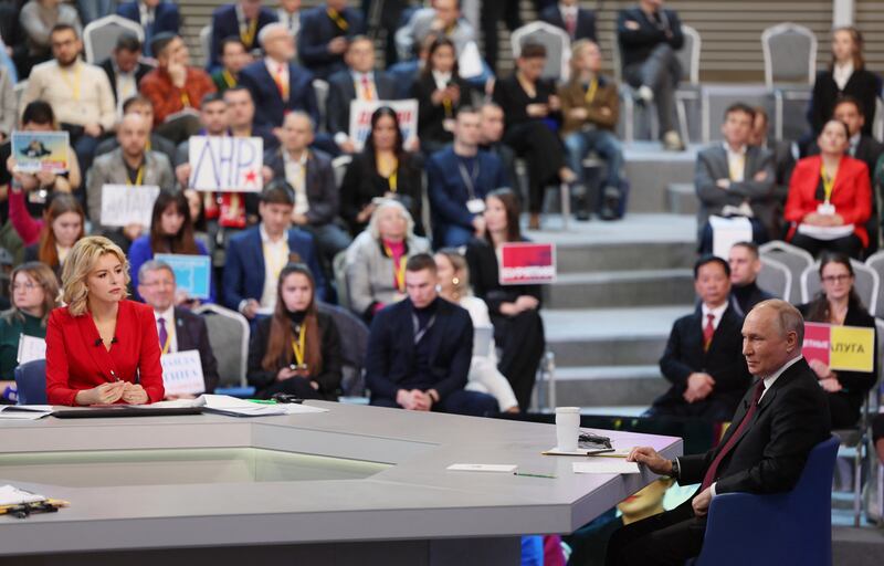 Russian president Vladimir Putin holds his year-end press conference in central Moscow. Photograph: GAVRIIL GRIGOROV/POOL/AFP via Getty Images