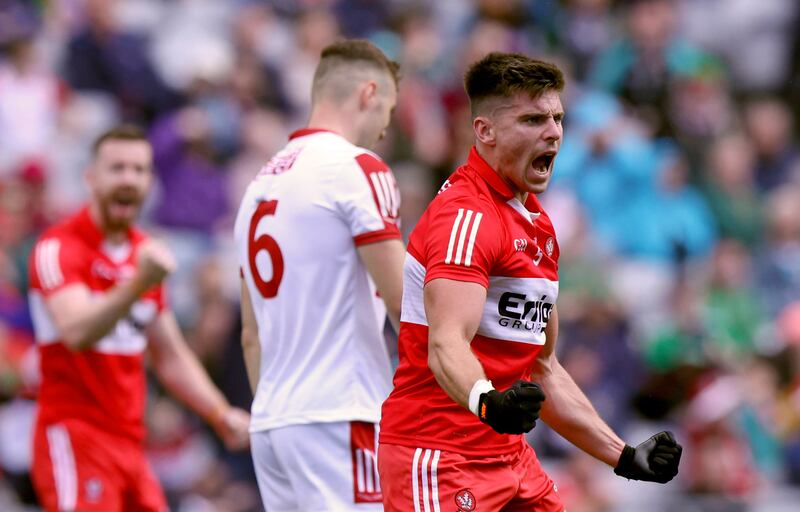 Derry's Conor Doherty celebrates after scoring a crucial goal shortly after Cork's goal at Croke Park. Photograph: John McVitty/Inpho 