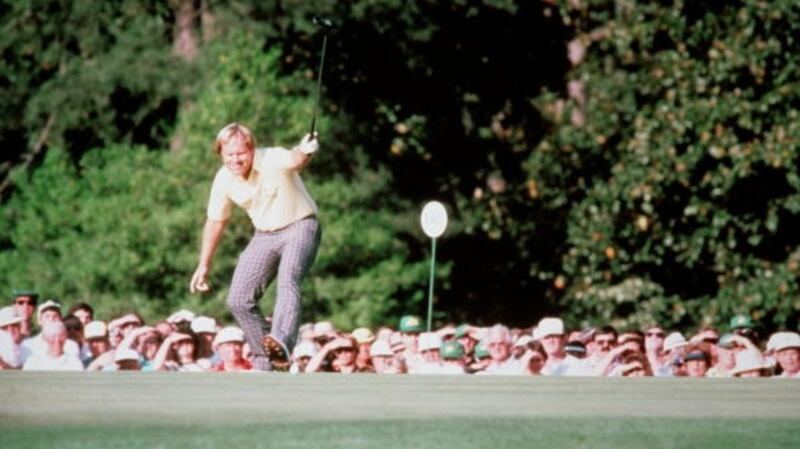 Jack Nicklaus sinks a putt on the 17th hole on the way to becoming the oldest Masters winner at 46 in 1986. Photograph:   Augusta National/Getty Images