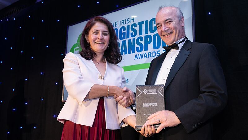 Dr. Jelena Vlajic, Awards Judge, presents the Freight Forwarding Company of the Year award to Mark Tracey, Ace Express Freight.