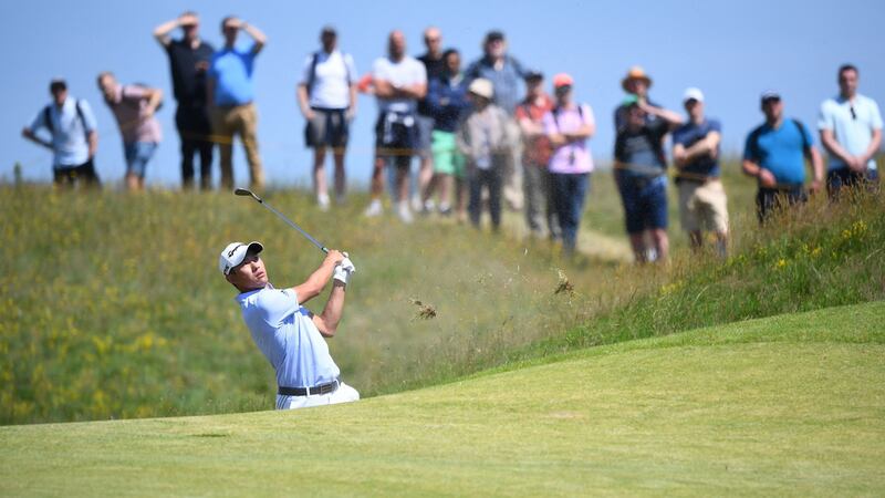 Collin Morikawa plays a shot on the 17th hole during his second round at the British Open. Photograph: Andy Buchanan/AFP via Getty Images
