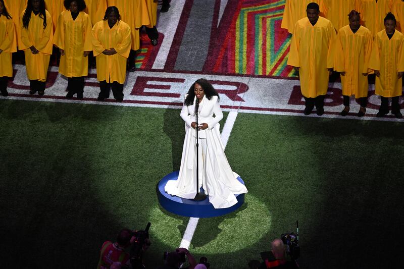 US singer-songwriter Ledisi performs Lift Every Voice and Sing ahead of Super Bowl LIX. Photograph: Chandan Khanna/AFP  