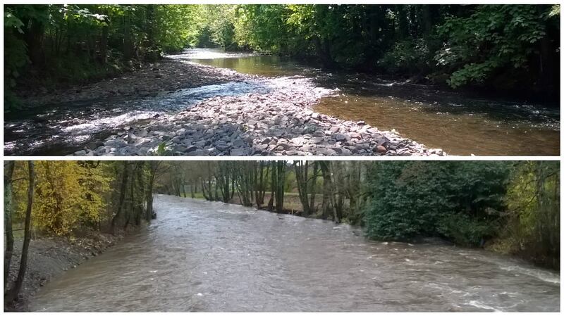 The River Rhymney, South Wales, before and after essential maintenance work to remove build-up of shoal