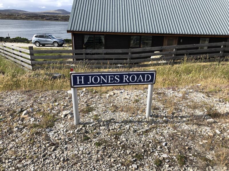 A road in Port Stanley, named after Lieut Col Herbert H Jones, who was killed charging at an Argentine position during the battle for Goose Green in, 1982. Phoograph: Henry Jones/PA