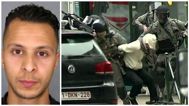 The chief suspect in the Paris attacks Salah Abdeslam (left) is seeking to be extradited to France. He was arrested during a raid on an apartment in Brussels on Friday (right) during which a number of people were detained.