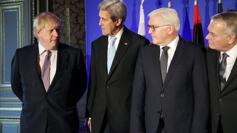 US Secretary of State John Kerry (L-2), British Foreign Secretary Boris Johnson (L), German Foreign Minister Frank-Walter Steinmeier (R-2), and France’s Foreign Minister Jean-Marc Ayrault (R) talk during a picture prior to a meeting on Syria in Paris, France on Saturday. Photograph: EPA