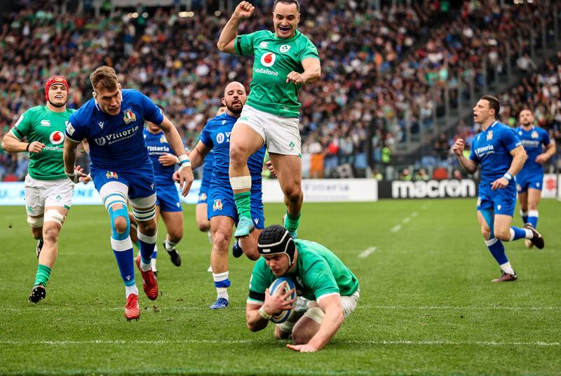 Ireland's James Lowe celebrates as Ireland's James Ryan scores a try against Italy at the Stadio Olimpico in Rome. Photograph: Billy Stickland/Inpho