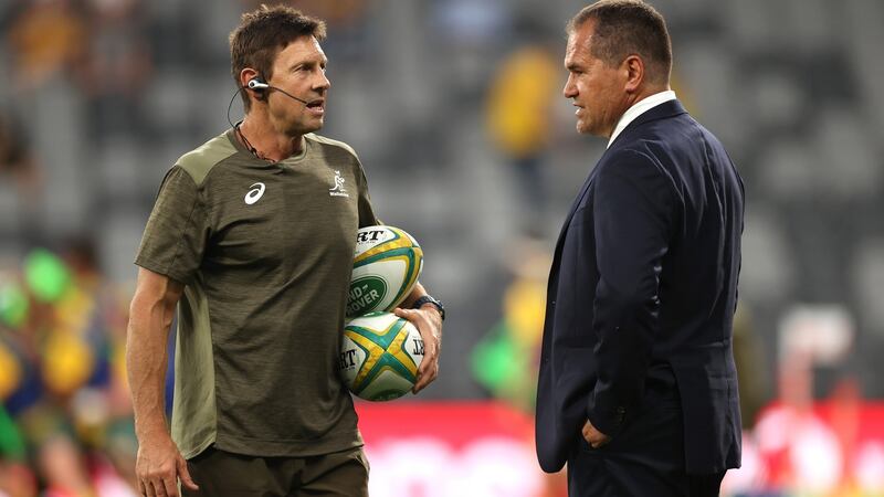 Wallabies attack coach Scott Wisemantel speaks to  Wallabies coach Dave Rennie during the December 2020  match against the Pumas at Bankwest Stadium in Sydney, Australia. Photograph: Cameron Spencer/Getty Images