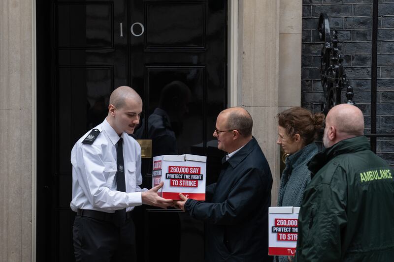 Trade union representatives hand in a petition to 10 Downing Street to protest against the government's new trade union bill. Photograph: Carl Court/Getty Images