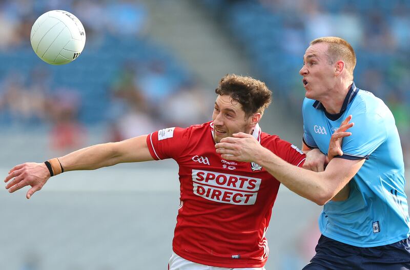 Cork’s Paul Walsh and Peadar Ó Cofaigh Byrne of Dublin. Photograph: INPHO/James Crombie