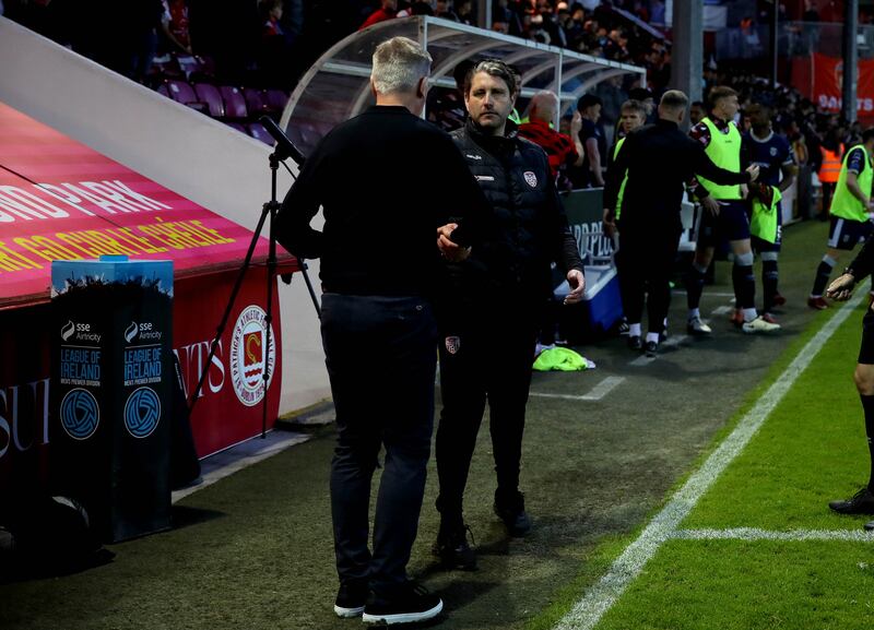 Pats’ Manager Stephen Kenny with Derry manager Ruaidhrí Higgins. Photograph: Ryan Byrne/Inpho