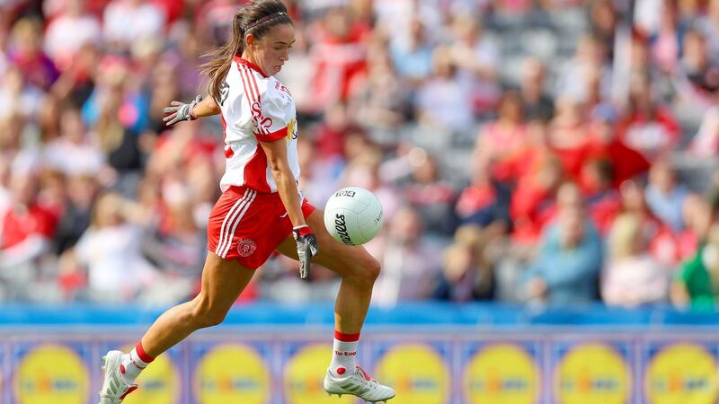 Niam Hughes scores a goal for Tyrone. Photograph: Tommy Dickson/Inpho