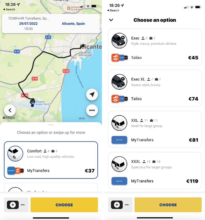 Ryanair airport transfers: the airline’s app quoted fees ranging from €37 to €119 to take up to 19 people from Alicante Airport to the centre of the city at 6pm on Friday