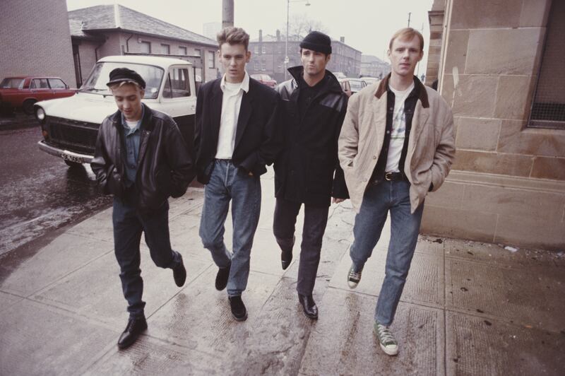 Wet Wet Wet: Marti Pellow (second right) with Neil Mitchell, Graeme Clark and Tommy Cunningham, in Glasgow in 1987. Photograph: Michael Putland/Getty