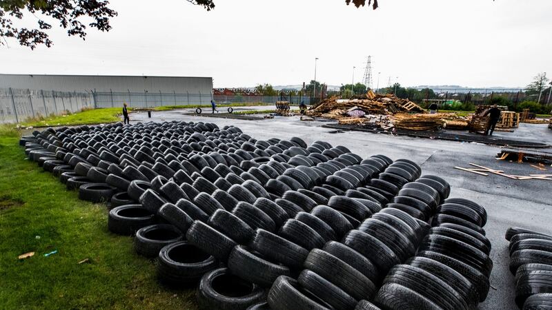 Hundreds of tyres removed from a July 11th night bonfire at Avoniel Leisure Centre in Belfast. Photograph: Liam McBurney/PA Wire