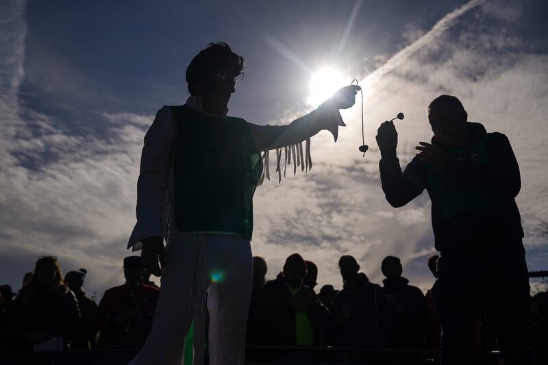 Competitors take part in the annual World Conker Championships at the Shuckburgh Arms in Southwick, Peterborough. Photograph: Jacob King/PA Wire
