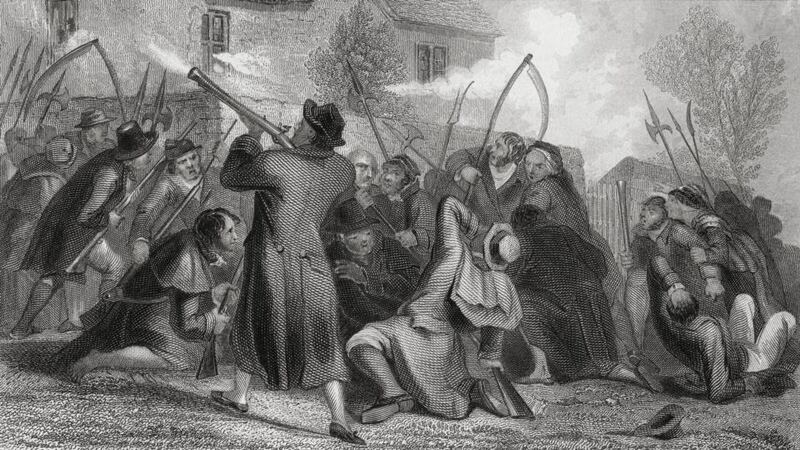 Young Ireland leader William  Smith O’Brien leads an attack on the police  in Ballingarry, Co Tipperary, in 1848. Image: H Warren, from History Of Ireland (1854)/ Universal History Archive/UIG via Getty Images