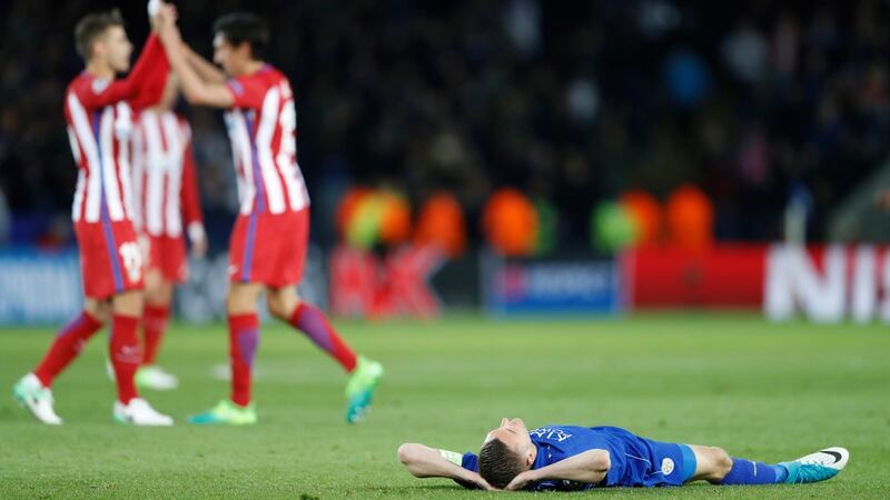 Jamie Vardy lies dejected at the end of the game. Photo: Carl Recine/Reuters