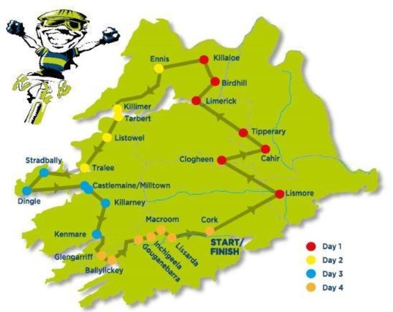 The 20th annual Tour de Munster charity cycle takes to the roads of Munster on Thursday, August 6th, starting at City Hall in Cork   and will make its way through Waterford, Tipperary, Limerick, Clare and Kerry, before returning to Cork on Sunday, August 9th.