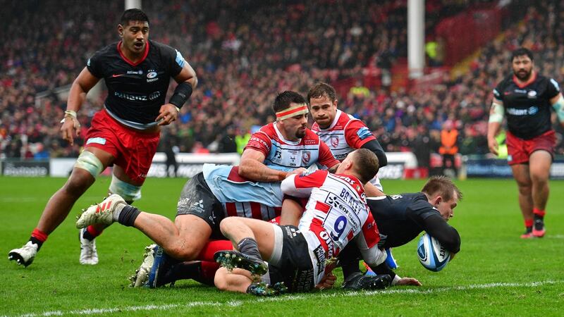 Saracens’ Nick Tompkins scores the first try of the game during the Gallagher Premiership match against Gloucester at Kingsholm. Photograph:  Simon Galloway/PA Wire