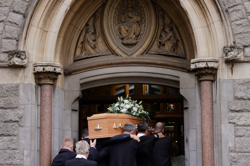 The coffin of Sr Stanislaus Kennedy is carried into the Church of the Sacred Heart, Donnybrook, Dublin, for her funeral Mass. 