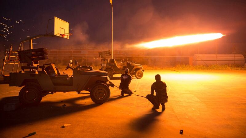 Rocketfire  during clashes with Islamic State militants. Photograph: Reuters