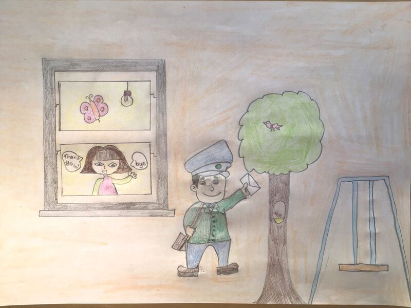 Sadhbh Breen, aged 8.
'Dear Don, my picture shows me looking out my window, waving bye-bye to our postman. The postman had just delivered a letter from my Auntie, who I can’t visit because of COVID-19. I miss seeing my family and friends. I miss playing outside with them. Our postman is helping us to stay in contact with each other and is helping the elderly in our community to stay connected. I drew this picture to show how important the postman and postwomen are, especially at this time, to show that is it important to keep in touch with family and friends, and to tell you how much I miss playing outside.'