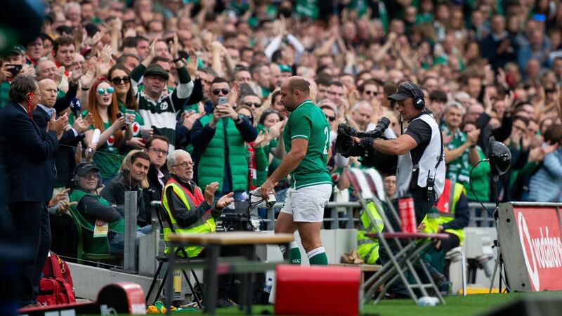 Ireland’s Rory Best receives a standing ovation as he leaves the field. Photograph: Tom Honan