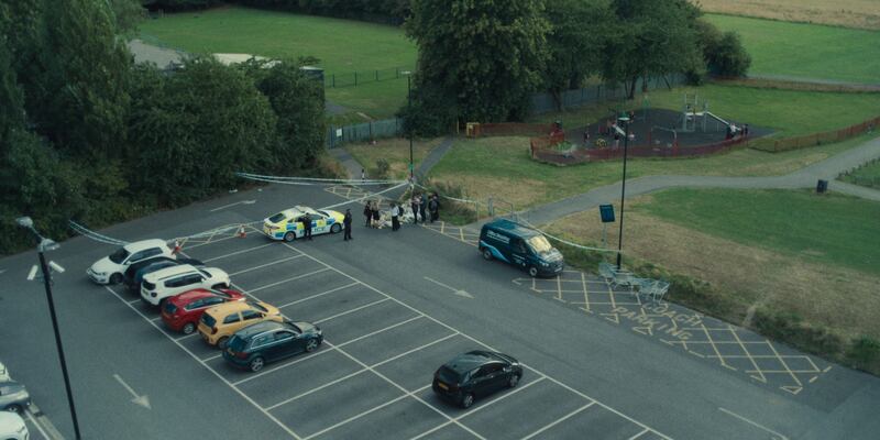 A drone shot of the crime scene in Adolescence. Photograph: Netflix