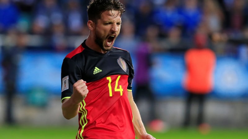 Belgium’s Dries Mertens celebrates scoring in the World Cup qualifier against Estonia at the A Le Coq Arena in Tallinn. Photograph:  Ints Kalnins/Reuters
