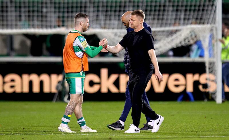 Shamrock Rovers’ Jack Byrne and Shelbourne manager Damien Duff at the end of the game in Tallaght. Photograph: Ryan Byrne/Inpho