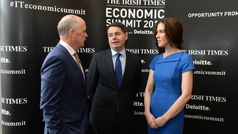 At The Irish Times Economic Summit 2017 were Minister for Public Expenditure and Reform, Paschal Donohoe, with Liam Kavanagh, managing director, The Irish Times (left) and Lorraine Griffin, head of tax, Deloitte. Photograph: Dara Mac Dónaill / The Irish Times