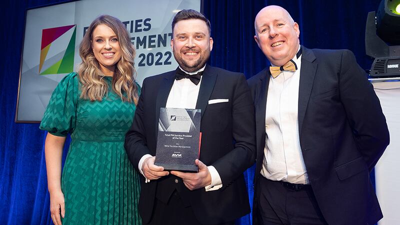 Derek Keane, Service Sales Manager, AVK Ireland, presents the Total FM Service Provider of the Year Award to Les Sheridan & Sarah Elliott, Mitie Facilities Management.