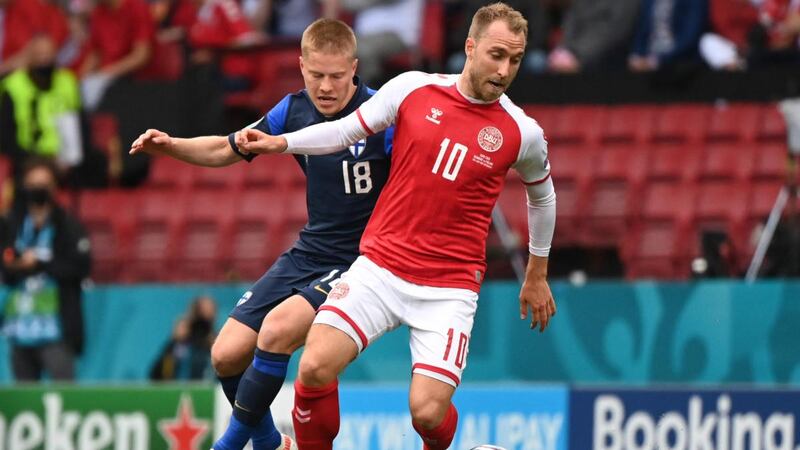 Denmark’s Christian Eriksen during the Euro 2020 game against Finland at the Parken Stadium in Copenhagen. Photograph:  Jonathan Nackstrand/AFP via Getty Images