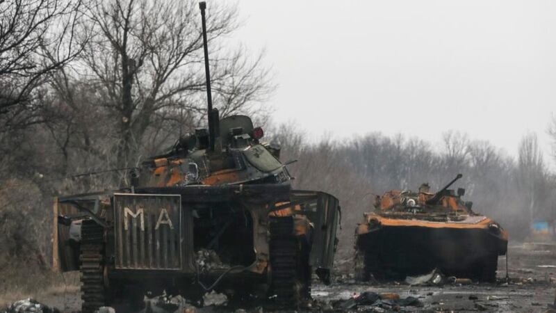 Armoured vehicles, destroyed during battles between the armed forces of the separatist self-proclaimed Donetsk People’s Republic and the Ukrainian armed forces, are seen in Vuhlehirsk on Friday. Photograph: Maxim Shemetov/Reuters.