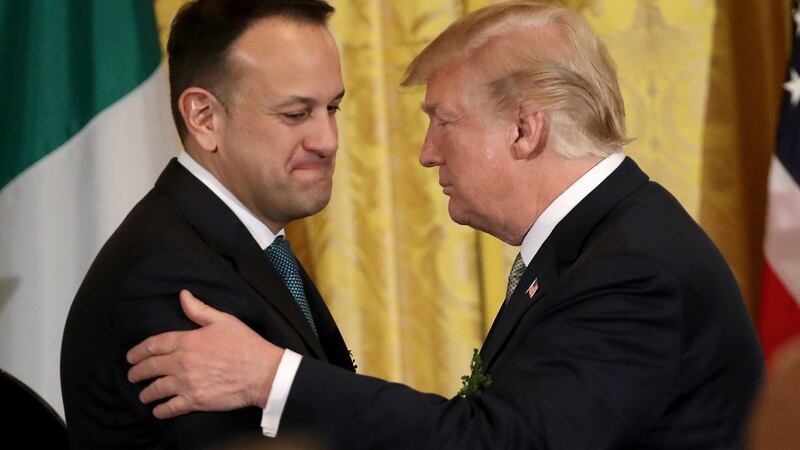 Donald Trump giving Leo Varadkar the “power pat” at the White House in March. Photograph:  Win McNamee/Getty Images