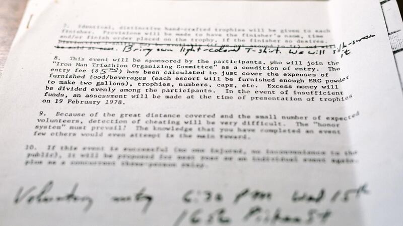 A page from the original Ironman Triathlon rulebook from 1978. Photograph: Michelle Mishina-Kunz/New York Times