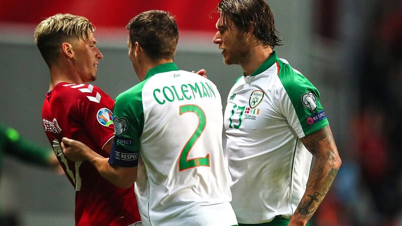 Jens Stryger Larsen clashes with Hendrick as Coleman intervenes. Photo: Ryan Byrne/Inpho
