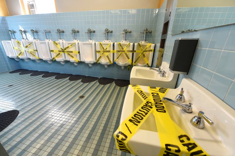 Socially distanced concert: the men’s bathroom at TempleLive in Arkansas. Photograph: Kevin Mazur/Getty