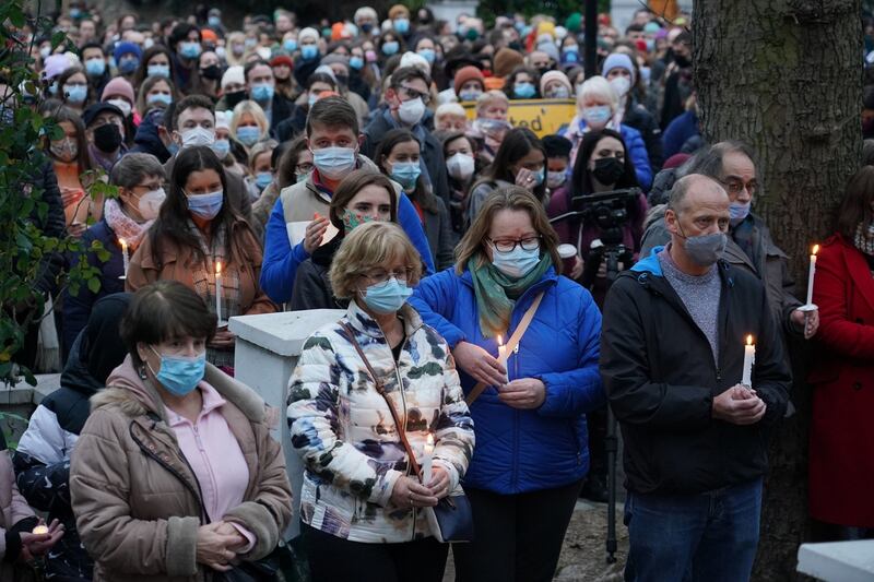 More than a thousand people lined the streets outside the London Irish Centre in Camden this evening at a vigil for Ashling Murphy. Photograph: Dominic Lipinski/PA Wire