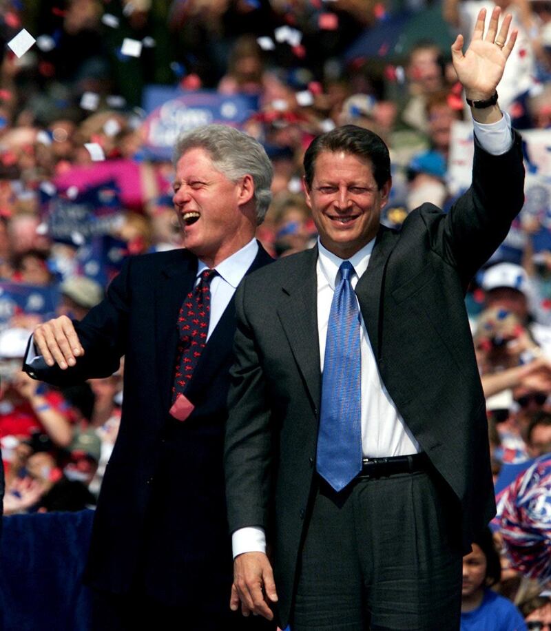 US president Bill Clinton and presidential candidate Al Gore at a campaign rally  in Monroe, Michigan in August  2000. Photograph:  Gina Ferazzi/Getty Images