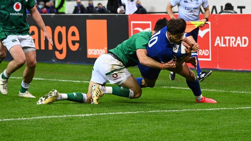 France’s Romain Ntamack dives to score during his side’s win over Ireland. Photograph: Anne-Christine Poujoulat/Getty/AFP