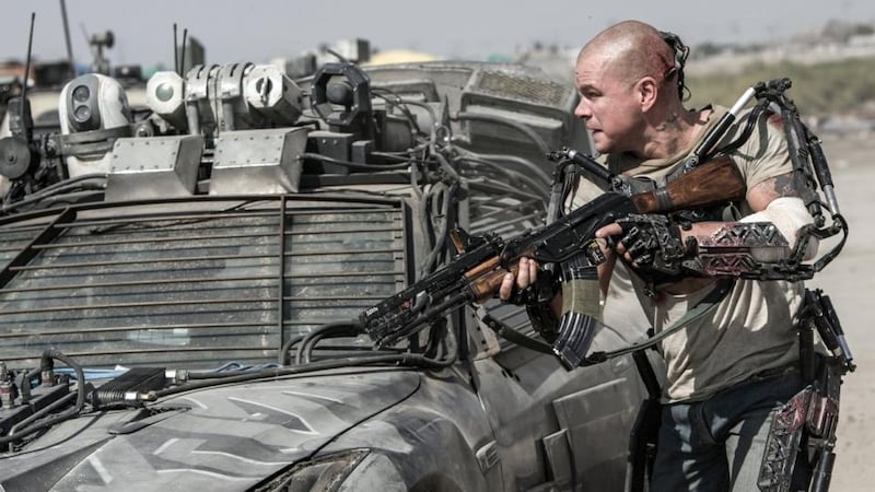 Matt Damon starring in the film Elysium which suggests a future that  includes  an unbridgeable divide between the enhanced and the unenhanced.